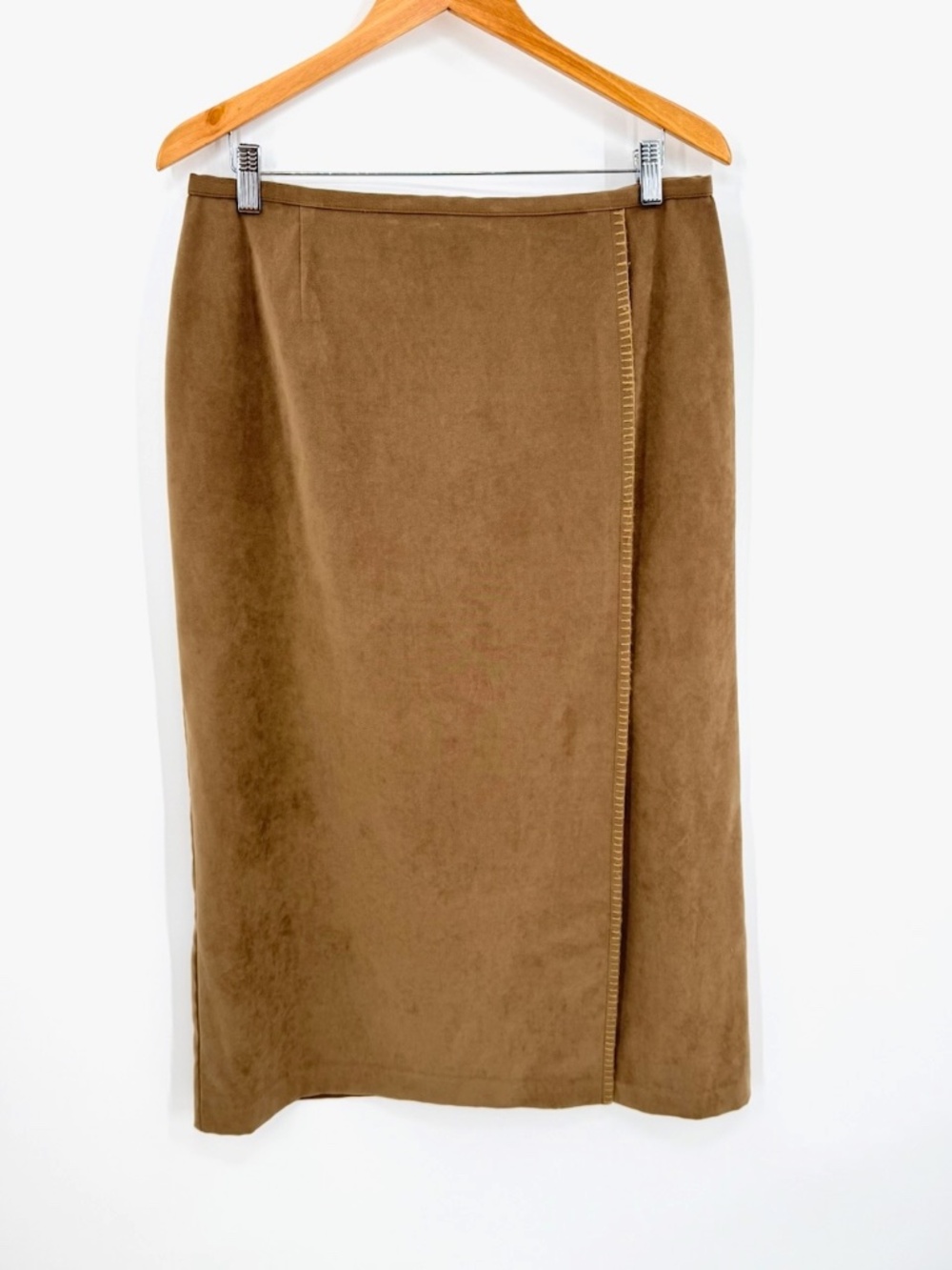 VTG Norton McNaughton Petites Faux Suede Wrap Midi Skirt 14P Brown Stitch Boho